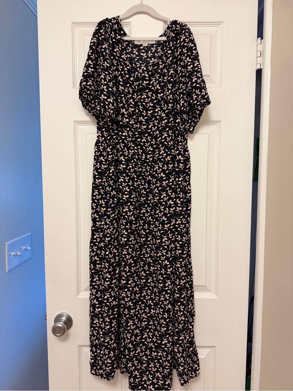LOFT Black Maxi Dress with Blush Leaf Print